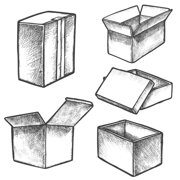 Bozzetti di scatole isolate o contenitori di cubi realistici disegnati a mano. — Vettoriale Stock