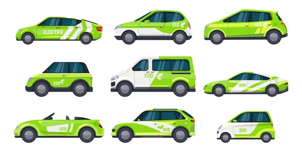 Conjunto de coche ecológico o eléctrico auto, transporte verde — Archivo Imágenes Vectoriales