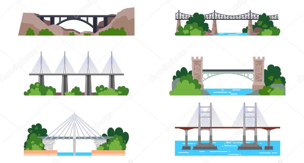 Set of isolated bridge icons. Iron and stone arch