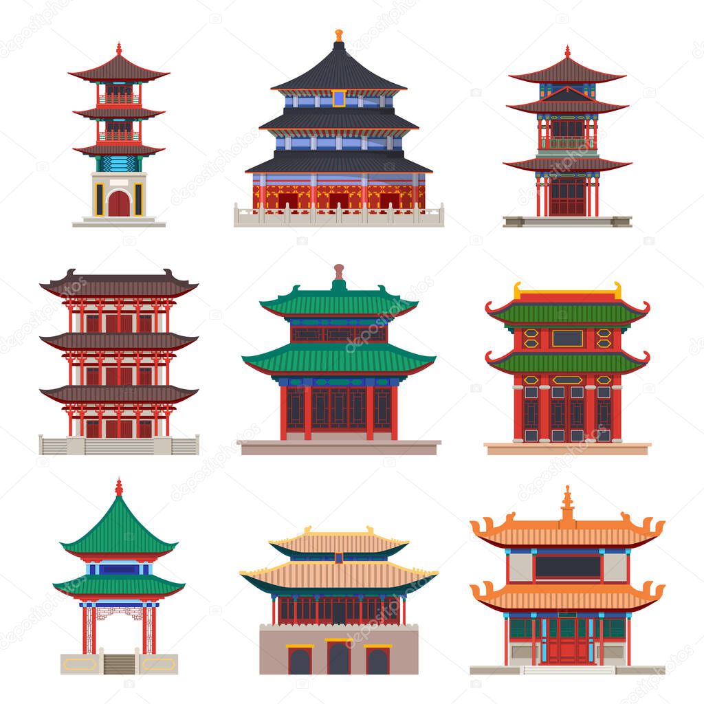 Set of isolated pagoda building. Chinese or japanese construction. Traditional gate of temple with eaves. Religion tower or tiered buddha house facade. Structure and architecture exterior view