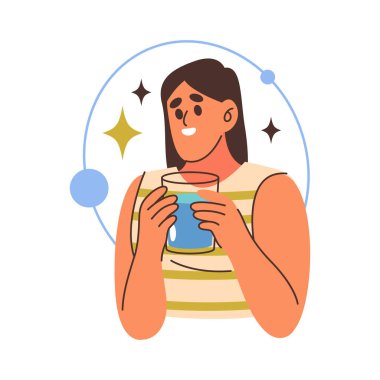 Bir bardak suyu olan bir kadın. Vektör günlük su rutin işareti. Hidrasyon farkındalığı ve sağlıklı yaşam tarzı, beslenme ve kişisel bakım, sıvı alımının sağIık alışkanlığı. Vücut ve canlılık için H2O. Sıvı