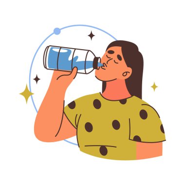 Su içen kadın. Vektör H2O şişeden su içiyor. Hidrasyon alışkanlığı ve sağlıklı yaşam tarzı, sıvı dengesi ve temiz sıvı tüketim klipsi. Canlılık, zindelik ve ferahlık için günlük rutin.
