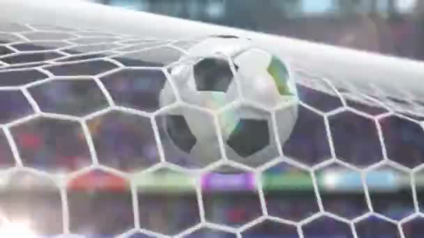 Fotbalový míč letí do cíle s blesky. Krásné 3d animace v pomalém pohybu, 4k. 