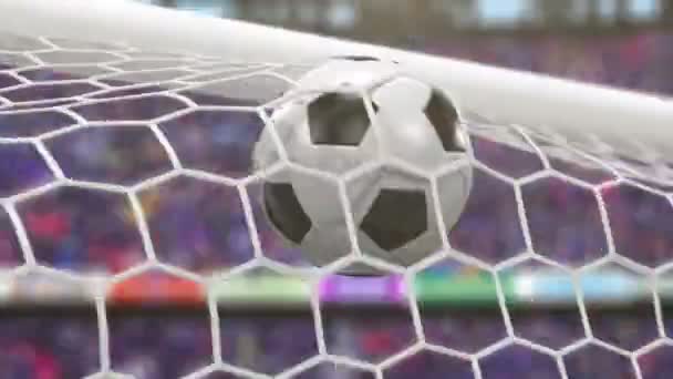 足球飞进球门 美丽的3D 动画在慢动作 — 图库视频影像