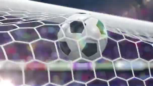 Soccer Ball Flies Goal Camera Flashes Beautiful Animation Slow Motion — Stock Video