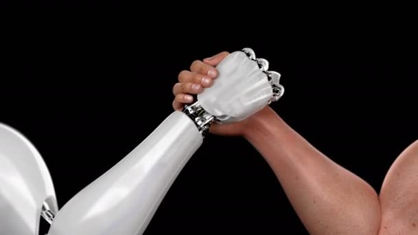 Human Against Robot, Arm Wrestling Competition, Human Win. Hermosa animación en 3D sobre un fondo negro con una profundidad de campo y sobre un fondo verde. 4K mirar también como el robot gana — Vídeo de stock