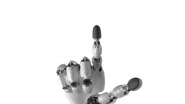Robotic Hand trycker på skärmen på en vita och gröna bakgrunder. Vackra 3d-animering med ett pass av skärpedjup. 4k — Stockvideo