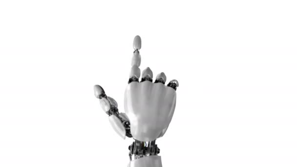 Robotikus kezét megnyomja az ujját egy fehér és zöld háttérrel. Gyönyörű 3D-s animáció egy igazolvány mélység-ból mező. 4k