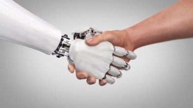 Robot ve el sıkışan adam. Güzel gerçekçi 3d animasyon bir geçiş ile yeşil bir arka plan üzerinde alan derinliği. 4k