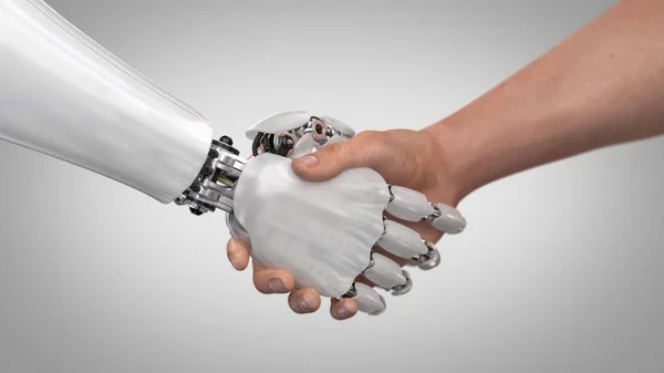 Roboter und Mensch beim Händeschütteln. 3D-Darstellung — Stockfoto