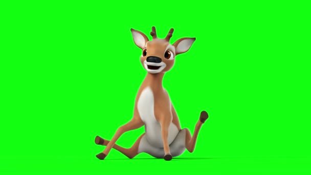 Roztomilý kreslený jelen na zeleném pozadí, krásné 3d animace. Všechny animace mají stejné pózy na začátku a na konci. 4k — Stock video