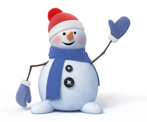 Funny Snowman with a Blue Scarf Waves on a White Background. 3d render with a work path — Stock Photo, Image