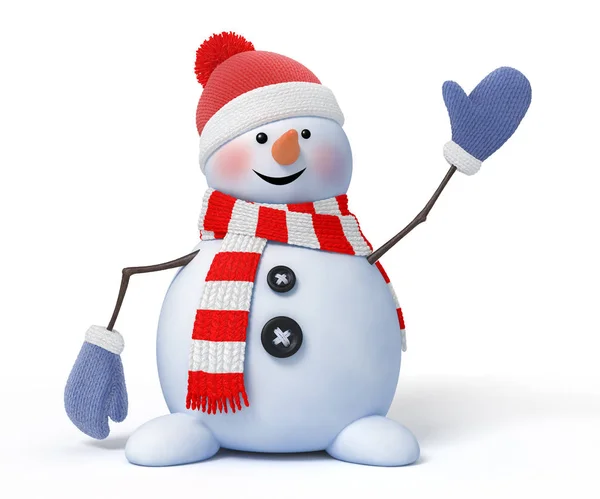 Auf weißem Hintergrund winkt ein lustiger Schneemann. 3D-Rendering mit einem Arbeitspfad — Stockfoto