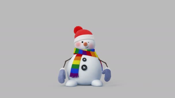 Boneco de neve engraçado com um cachecol de cor de Lgbt. Você pode facilmente mudar qualquer cor. Animação 3D bonita, 4K — Vídeo de Stock