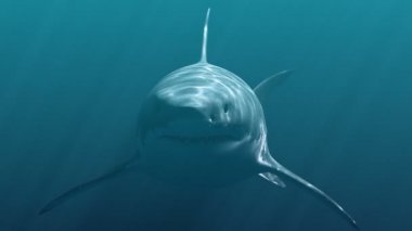 Büyük beyaz köpekbalığı Megalodon. Gerçekçi 3d animasyon 4k
