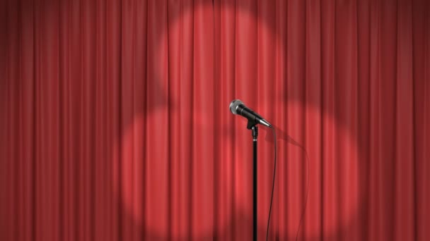 Hermosa cortina roja con proyectores y un micrófono en el escenario, sin costuras Looped 3d animación. 4K — Vídeo de stock