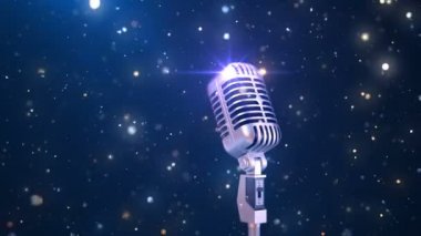 Retro bir mikrofon ve sihirli parçacıklar, sorunsuz güzel Karaoke arka plan 3d animasyon ilmekledi. 4k