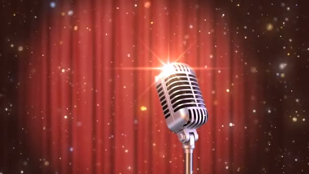 Stand Up Background Retro Microphone with the Red Curtains, Beautiful Seamless Looped 3d Animation (dalam bahasa Inggris). 4K — Stok Video