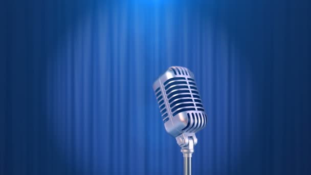 Retro Microphone and a Blue Curtain Background, Beautiful Seamless Looped 3d Animation (dalam bahasa Inggris). 4K — Stok Video