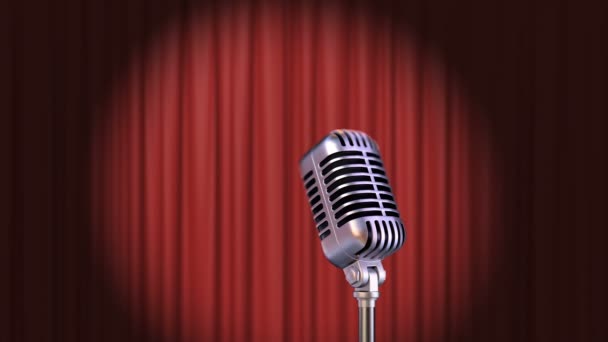 Red Curtain dengan Spotlight dan Vintage Microphone, Seamless Looped 3d Animation. 4K — Stok Video