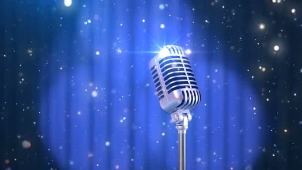 Achtergrond met een blauwe gordijn, roterende Spotlights en oude ouderwetse microfoon, mooie naadloze lus 3d animatie opkomen. 4k — Stockvideo