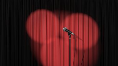 Sahne stand up, kırmızı perde Spotlights ve bir mikrofon, 3D render