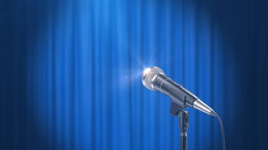 Mikrofon ve mavi perde Arkaplan, 3D render