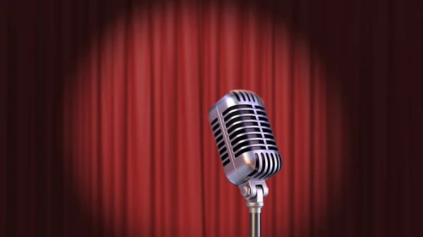 Red Curtain with Spotlight and Vintage Microphone, 3d Render — Stock Photo, Image