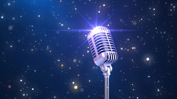 Hermoso fondo de karaoke con un micrófono de moda antigua y partículas mágicas, 3d renderizado — Foto de Stock