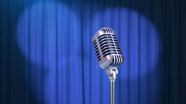 Microfone retro e uma cortina azul com holofotes, renderização 3d — Fotografia de Stock