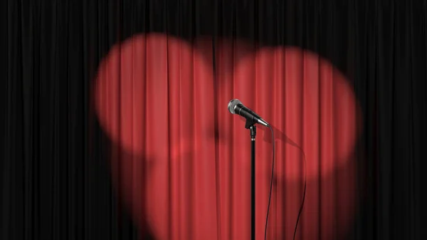 Állj fel színpad, Vörös függöny a spotlámpák és egy mikrofon, 3D render — Stock Fotó