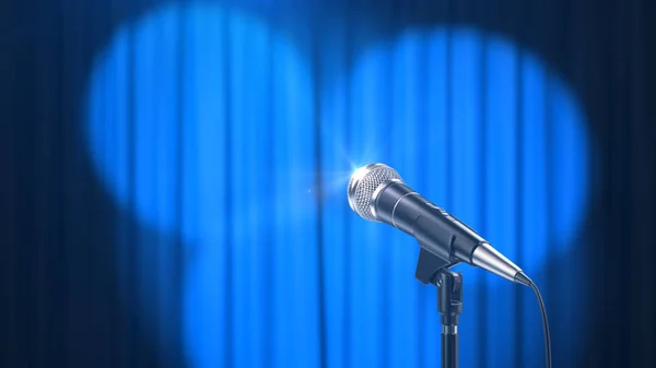 Microfone e uma cortina azul com holofotes, renderização 3d — Fotografia de Stock