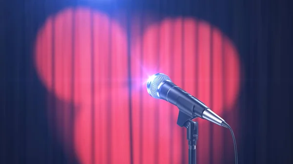 Konsert bakgrund, mikrofon och gardiner med spotlights, 3D Render — Stockfoto