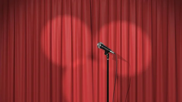 Koncert háttér, Vörös függöny spotlámpával és egy mikrofon, 3D render Stock Kép