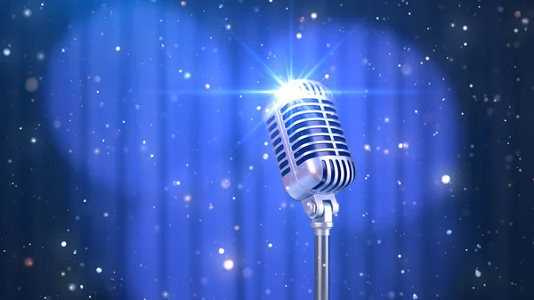 Stand Up Background with a Blue Curtain, Spotlights and Old Fashioned Microphone, 3D Render Stock Image