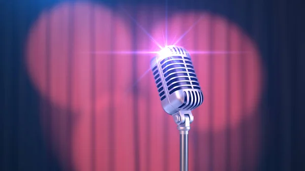 Красный занавес со спатлайтами и винтажным микрофоном, 3d Render Стоковое Изображение