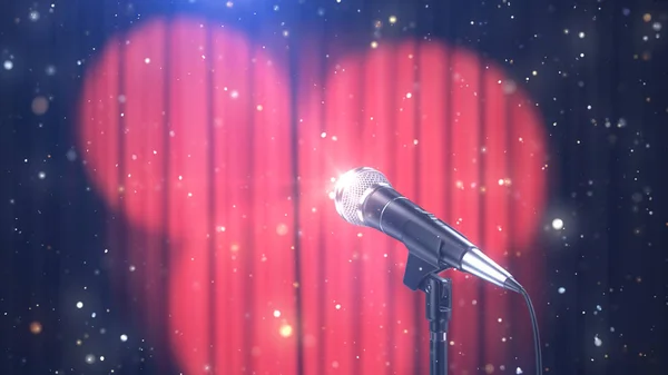 Microphone with Magic Particles against Blurred Red Curtains with Spotlights, 3d Render Royalty Free Stock Photos