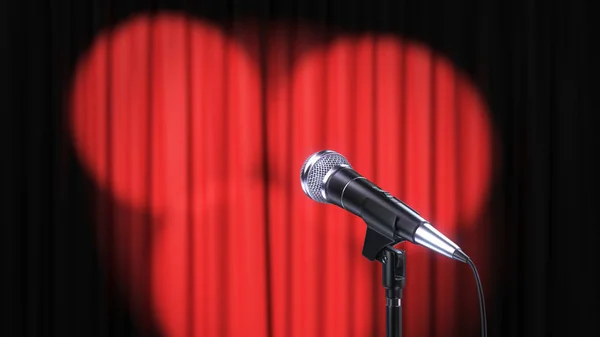 Red Curtain with Spotlights and Microphone, 3d Render Stock Photo