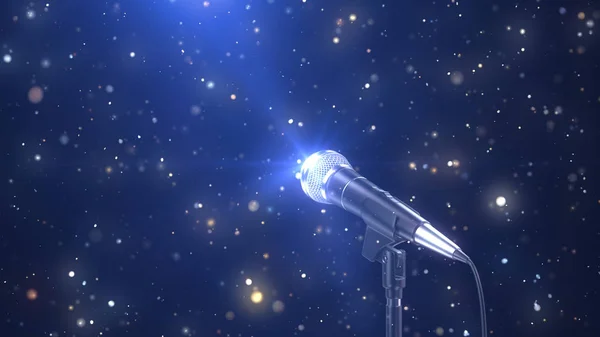 Vackra karaoke bakgrund med en mikrofon och magiska partiklar, 3D Render Stockfoto