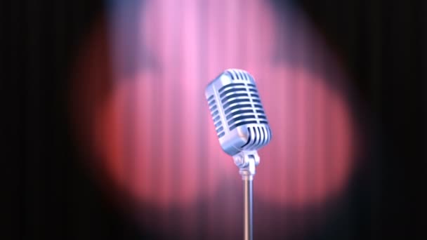 Zoom In Old Fashioned Microphone and Red Curtain with Rotating Spotlights in Volume Light, Beautiful 3d Animation. 4K Ultra HD 3840x2160. Look For More Options In My Portfolio — Stock Video