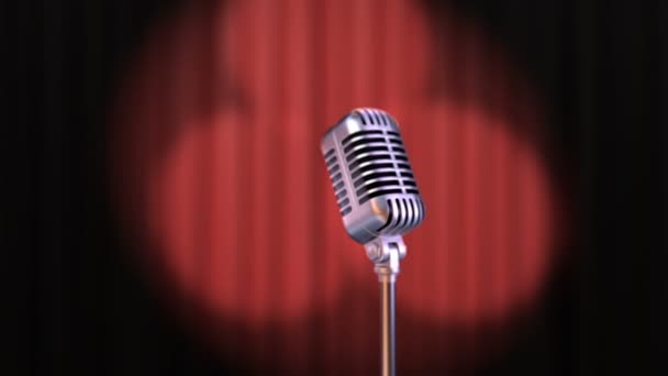 Zoom In Vintage Microphone and Red Curtain with Rotating Spotlights, Beautiful 3d Animation. 4K — Stock Video