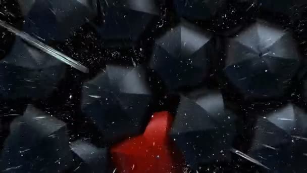 Guarda-chuva vermelho atravessa um fluxo de guarda-chuvas pretos — Vídeo de Stock
