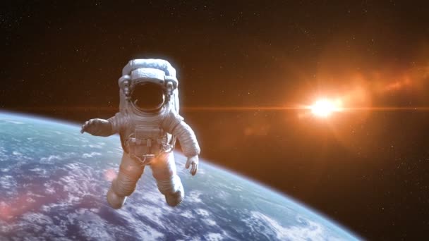 Űrhajós a világűrben a Föld Háttérrel szemben. Gyönyörű részletes 3D animáció, Ultra HD 4K 3840x2160