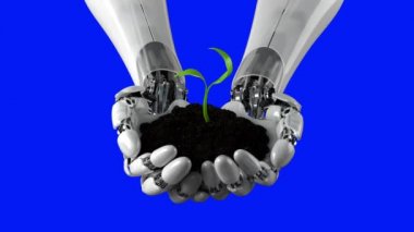 Robotik Kol Toprağı Mavi Arkaplanda Zamanda Hızla Büyüyen Bitkiyle Tutuyor. Güzel Kavramsal Yüksek Detaylı 3d Animasyon Saha Kartı Derinliği, Ultra HD 4K 3840x2160
