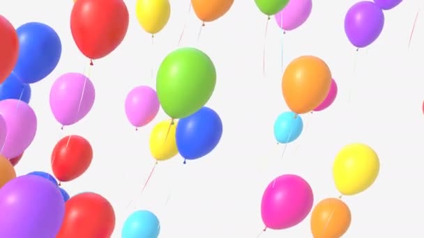 Geburtstags-Luftballons fliegen auf weißem Hintergrund in die Höhe. Nahtlose 3D-Animation mit Alpha und Tiefenschärfe. Ultra HD 4K 3840x2160 — Stockvideo