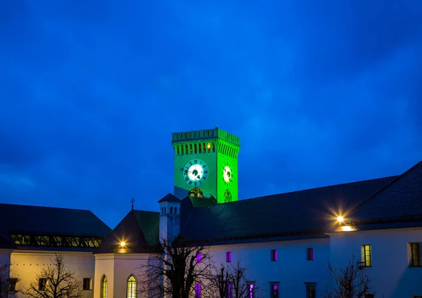 Часовая Башня Ночью Любляна — стоковое фото
