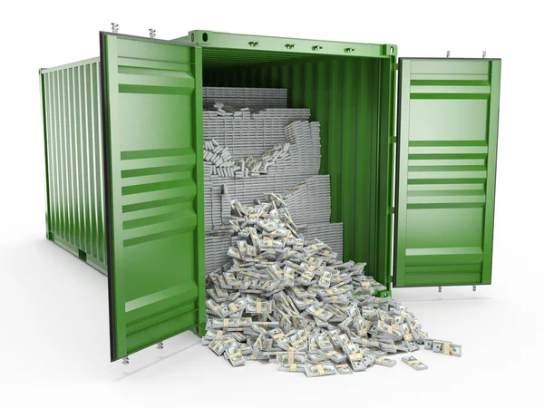3d rendering packs of US dollars scattered from cargo container