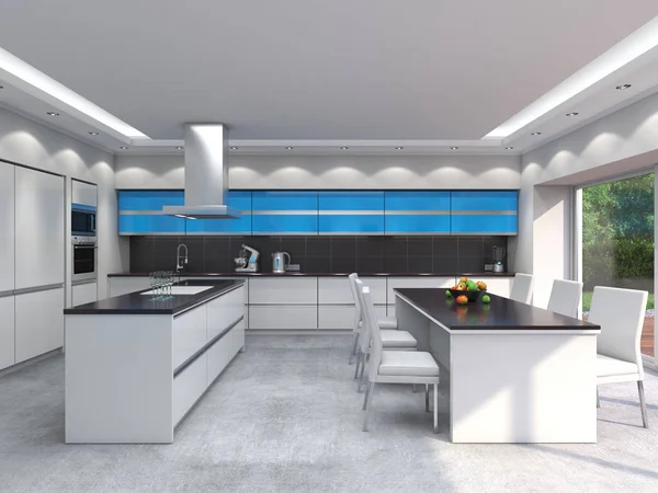 Renderização Cozinha Moderna Com Painéis Azuis — Fotografia de Stock