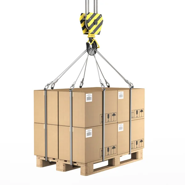 Rendering Crane Hook Load Cardboard Boxes Pallet — Stock Photo, Image