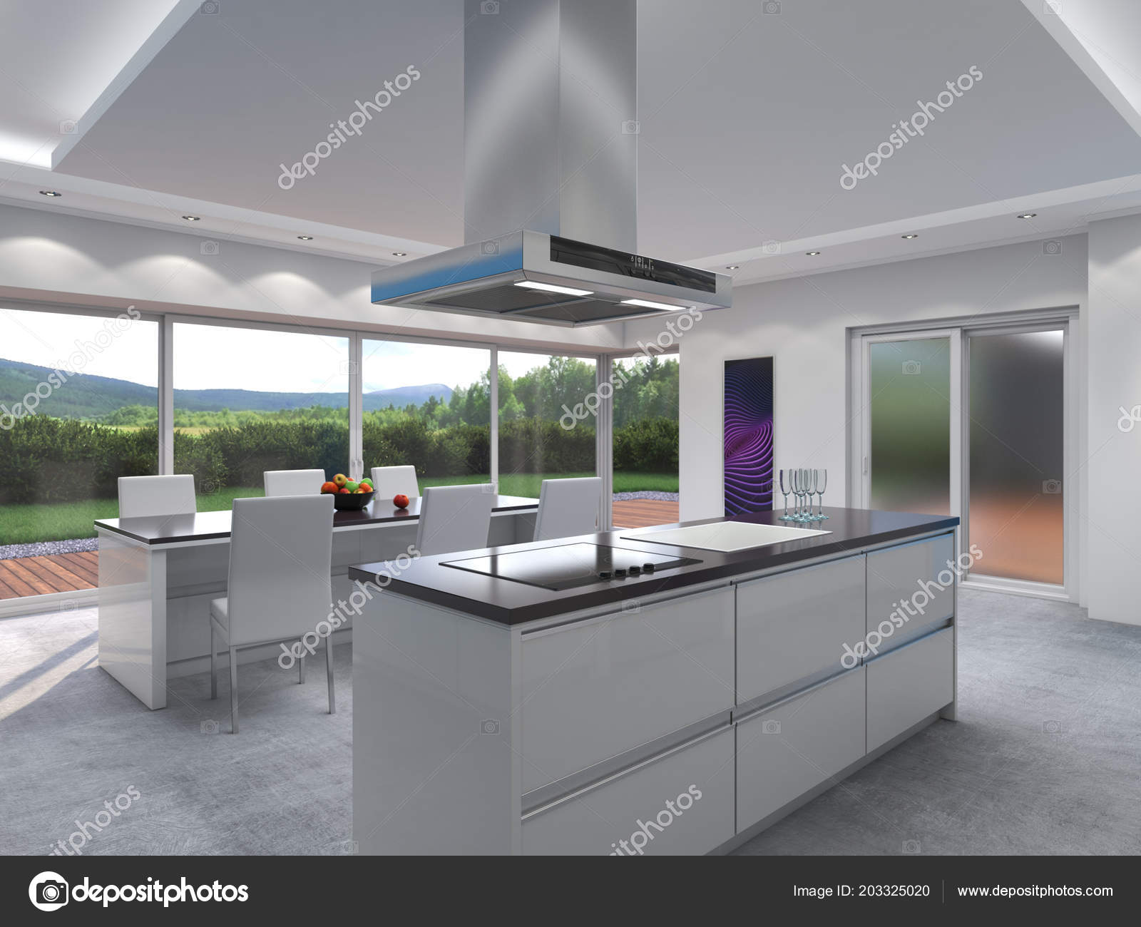 Rendering Modern Kitchen Blue Panels Stock Photo C Apopium